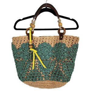 Fossil Hathaway Straw Tote Teal Tan Bohemian Raffia‎ Shoulder Bag Beaded Crochet